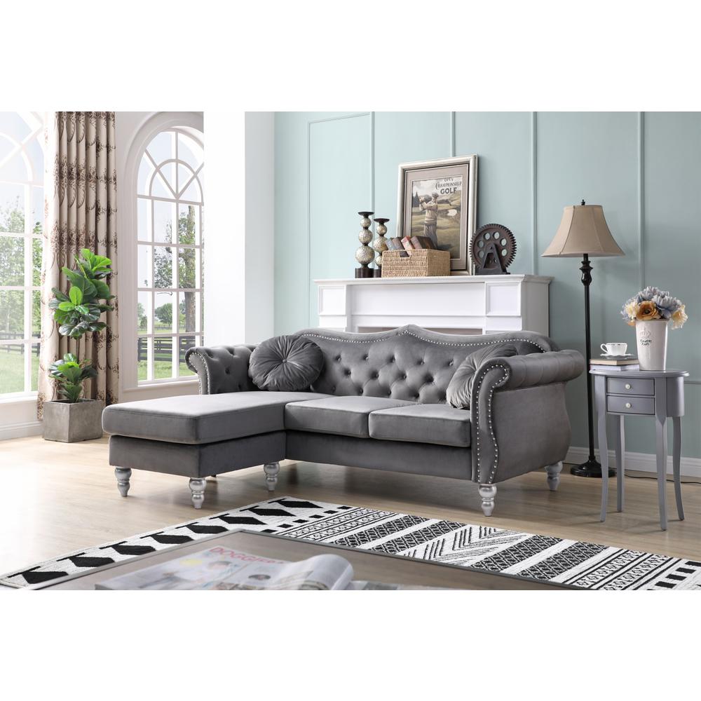 Hollywood 81 in. Dark Gray Velvet Chesterfield Sectional Sofa with 2-Throw Pillow. Picture 5