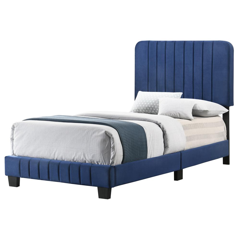 Lodi Navy Blue Velvet Upholstered Channel Tufted Twin Panel Bed. Picture 1