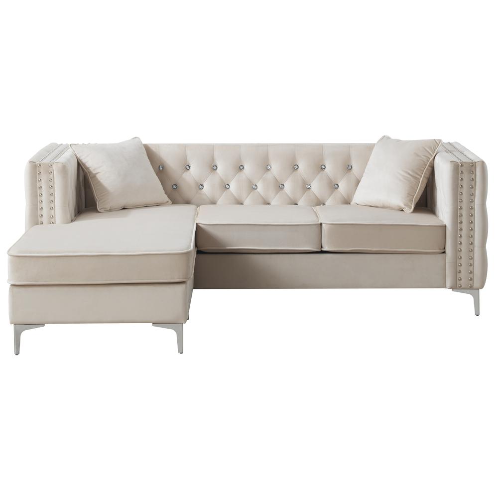 Paige 87 in. Ivory Tufted Velvet Sectional with 2-Throw Pillows. Picture 1