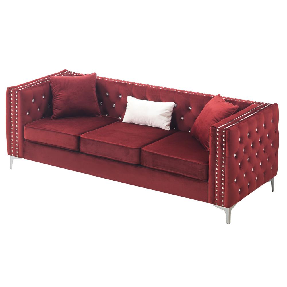 Paige 86 in. Burgundy Velvet 3-Seater Sofa with 2-Throw Pillow. Picture 2