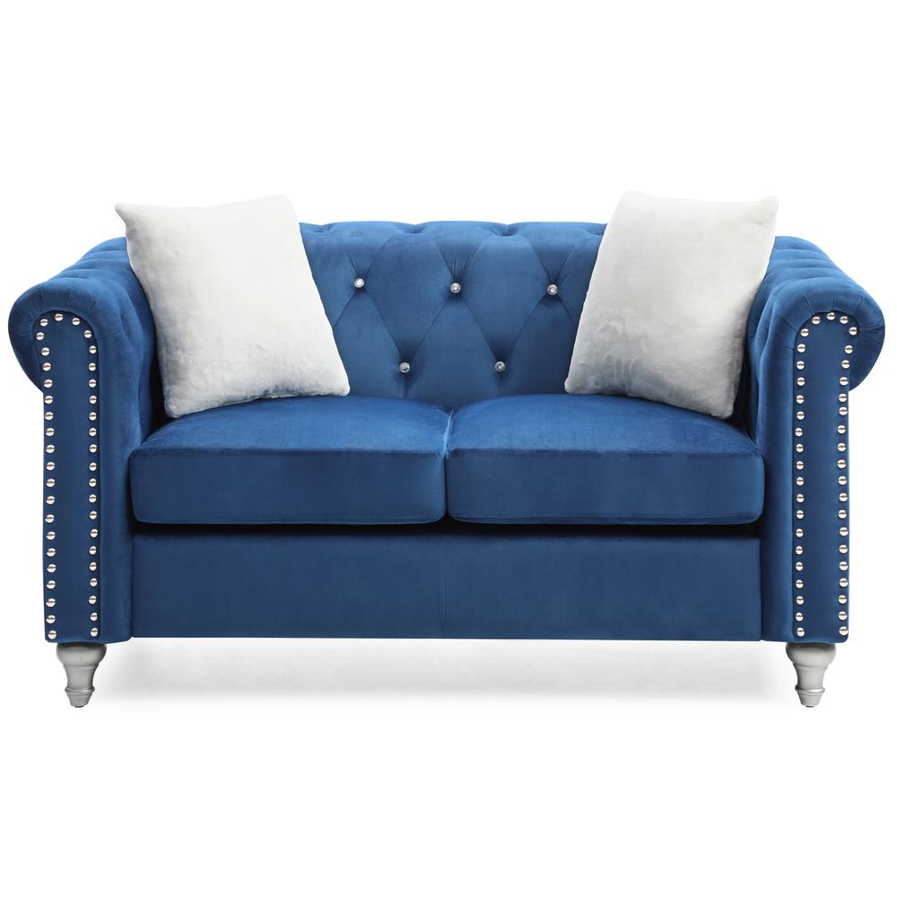 Raisa 60 in. Navy Blue Velvet 2-Seater Sofa with 2-Throw Pillow. Picture 2