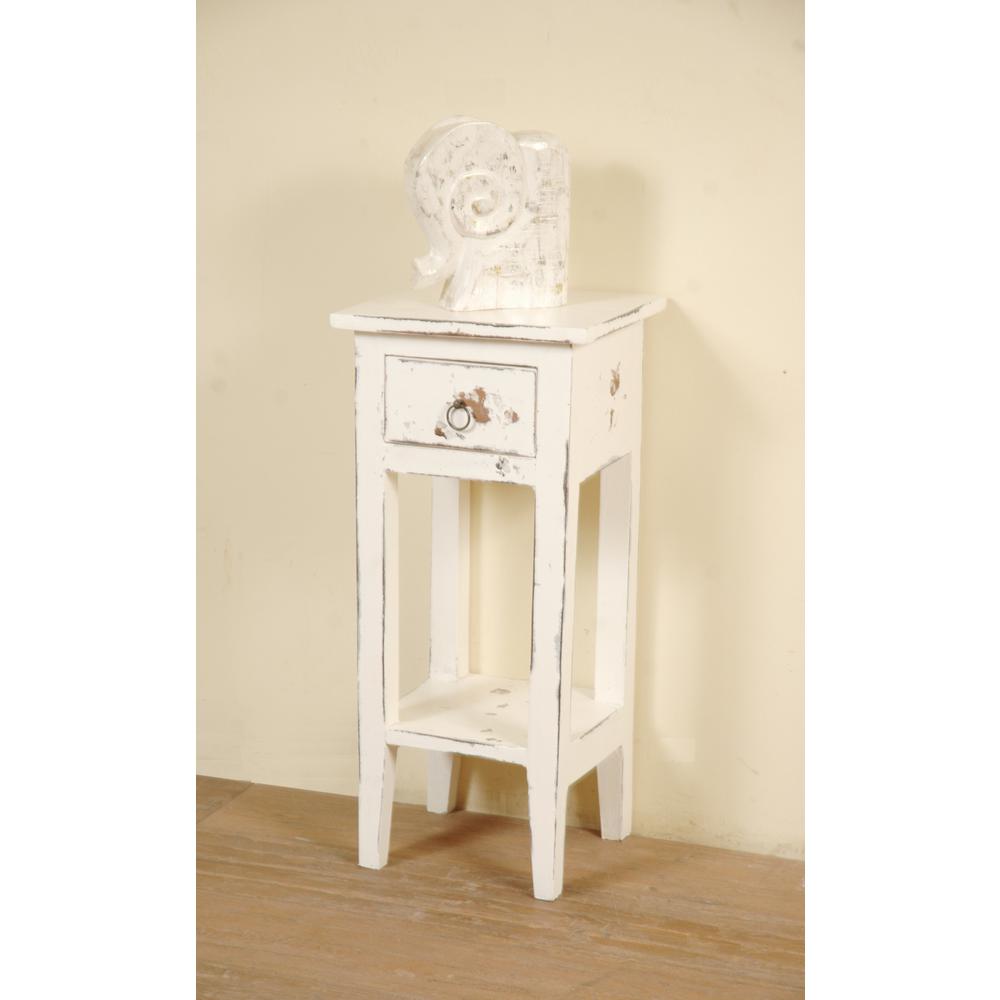 Shabby Chic Cottage 11.8 in. Heavy Distressed Whitewash Square Solid Wood End Table with 1 Drawer. Picture 5