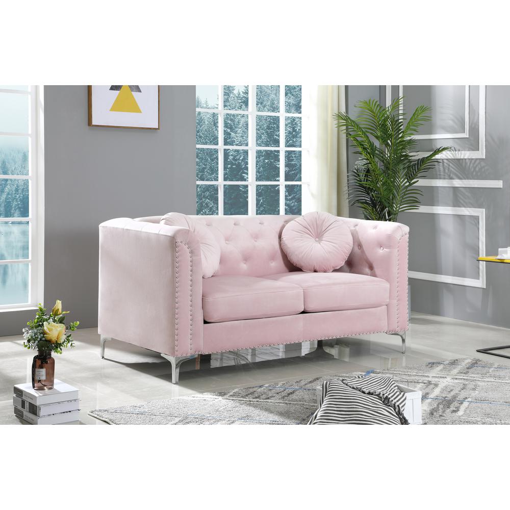 Pompano 62 in. Pink Tufted Velvet Loveseat with 2-Throw Pillow. Picture 7