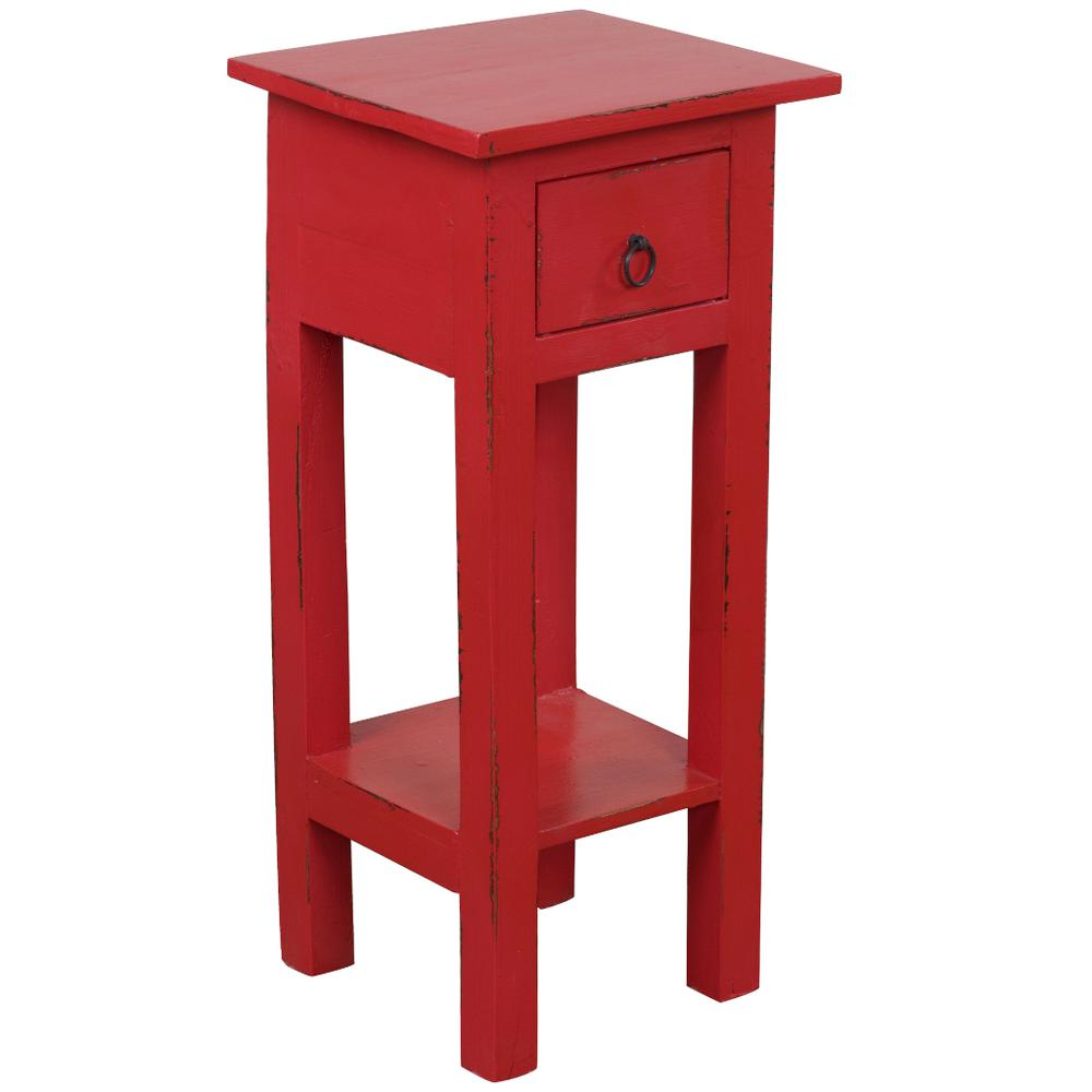 Shabby Chic Cottage 11.8 in. Antique Red Square Solid Wood End Table with 1 Drawer. Picture 2