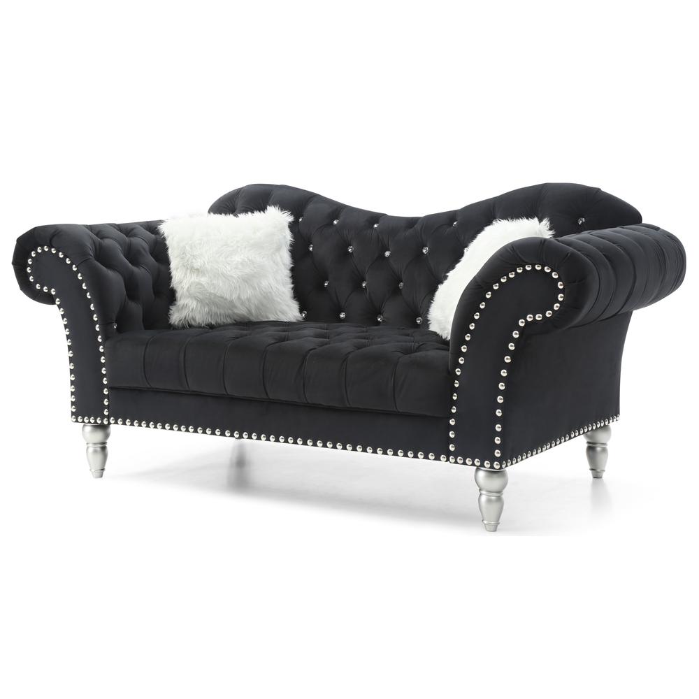Wilshire 75 in. Black Velvet 3-Seater Sofa with 2-Throw Pillow. Picture 1