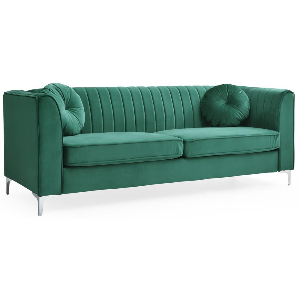 Delray 87 in. Green Velvet 2-Seater Sofa with 2-Throw Pillow. Picture 1
