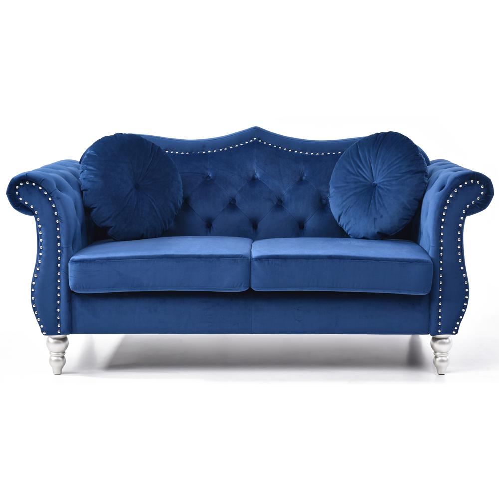 Hollywood 68 in. Navy Blue Velvet Chesterfield Loveseat with 2-Throw Pillow. Picture 2