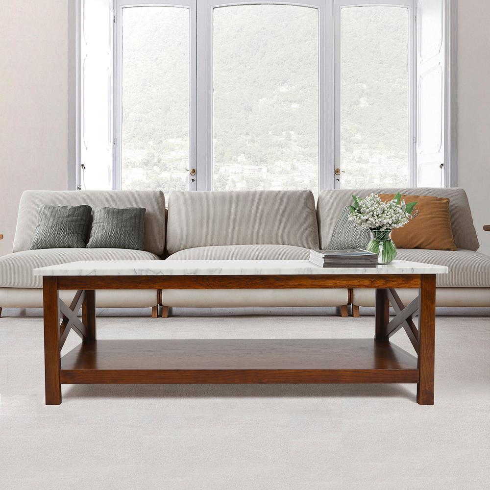 Agatha 44" Rectangular Italian Carrara White Marble Coffee Table with walnut color solid wood Legs. Picture 8