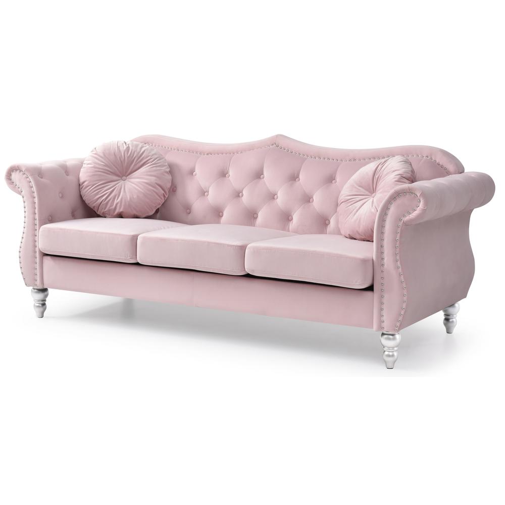Hollywood 82 in. Pink Velvet Chesterfield 3-Seater Sofa with 2-Throw Pillow. Picture 1