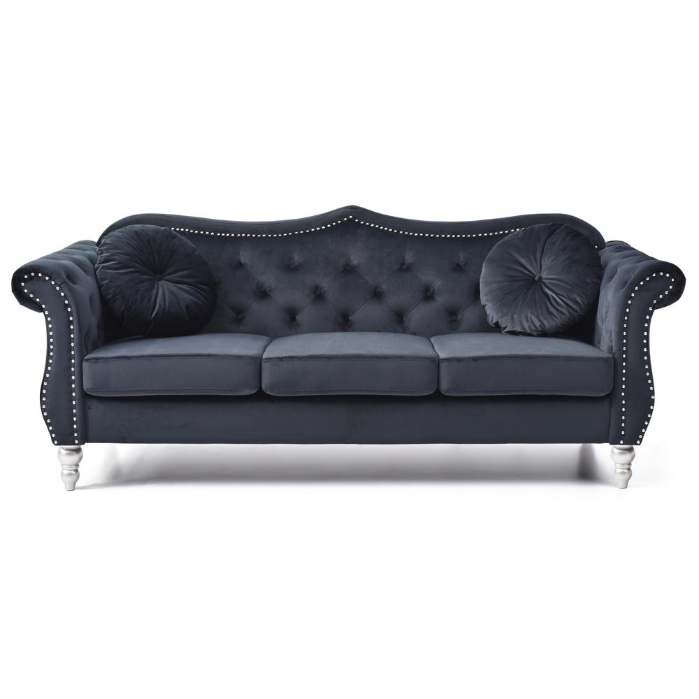 Hollywood 82 in. Black Velvet Chesterfield 3-Seater Sofa with 2-Throw Pillow. Picture 2