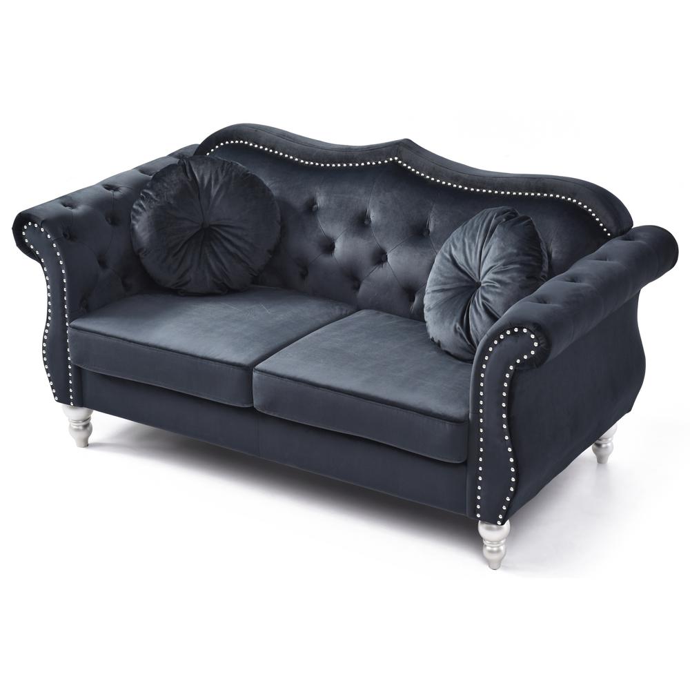 Hollywood 68 in. Black Velvet Chesterfield Loveseat with 2-Throw Pillow. Picture 3