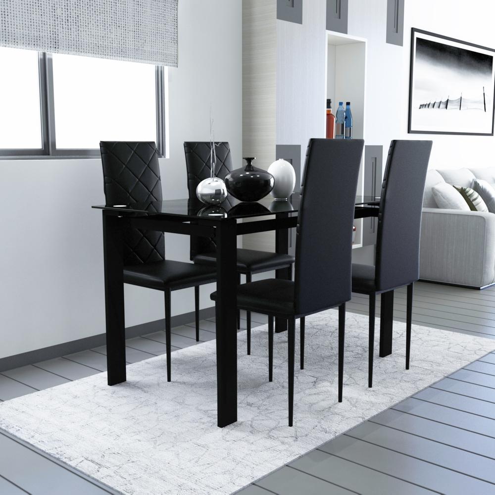 Tansole 5-Piece Rectangle Glass Top Black Metal Frame Rhombic Leather Dinning Chair and Table Set. Picture 7