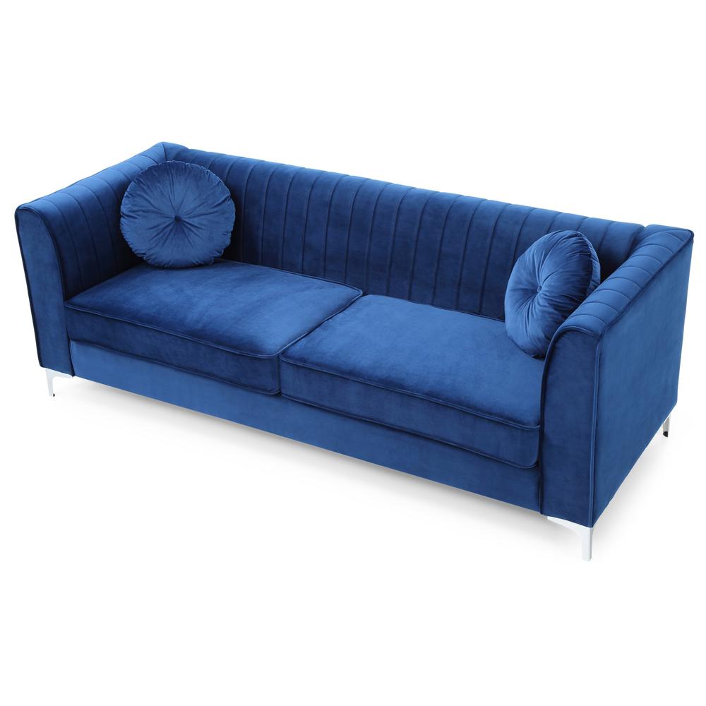 Delray 87 in. Navy Blue Velvet 2-Seater Sofa with 2-Throw Pillow. Picture 3