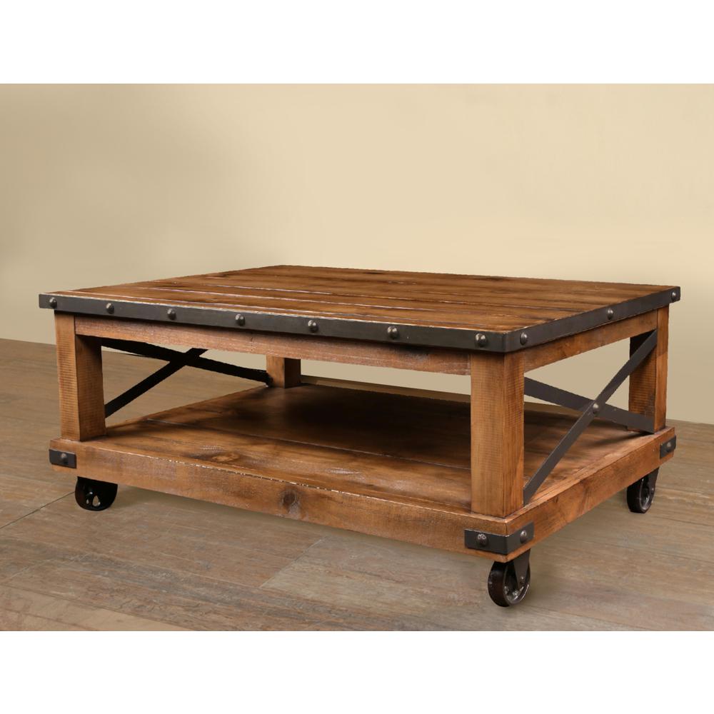 Rustic City 48.25 in. Industrial Solid Wood Coffee Table in Oak. Picture 7