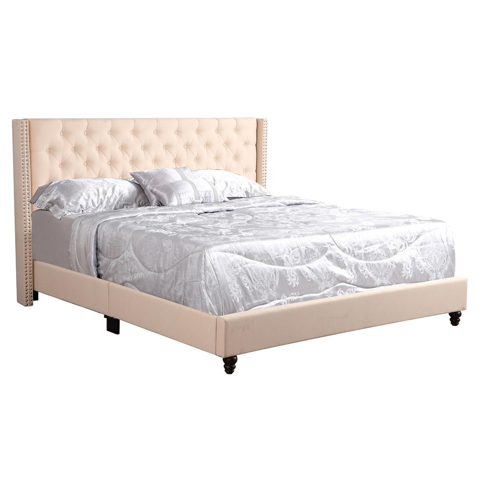Julie Beige Tufted Upholstered Low Profile King Panel Bed. Picture 1