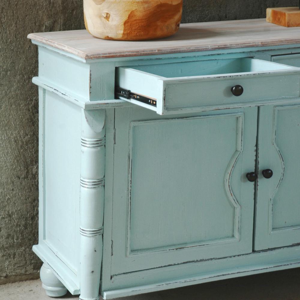 Shabby Chic Cottage Sky Blue and Lime Wash Accent Cabinet with 2 Doors and 2 Drawers. Picture 4