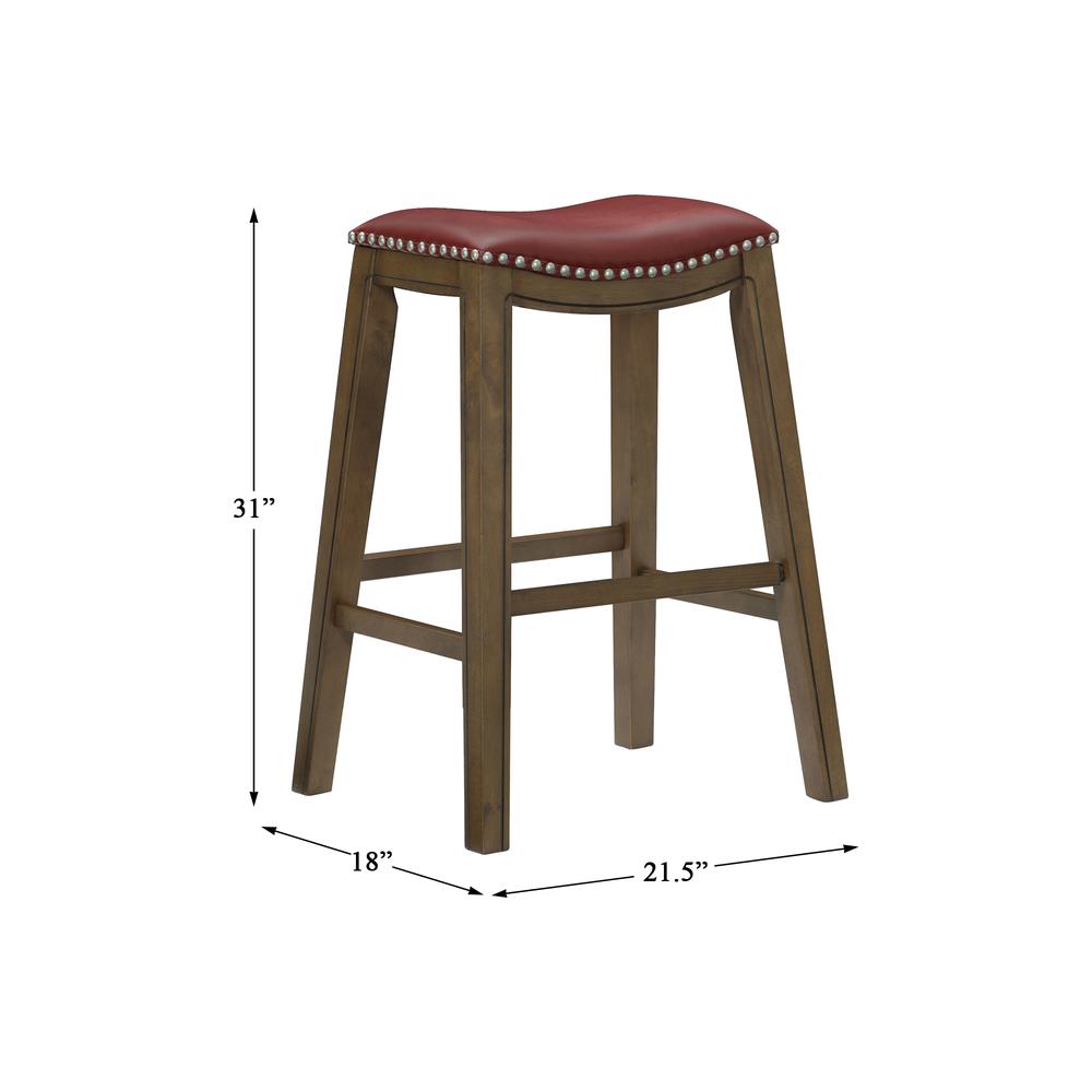 Pecos 31 in. Brown Backless Wood Frame Saddle Bar Stool with Red Faux Leather Seat. Picture 3