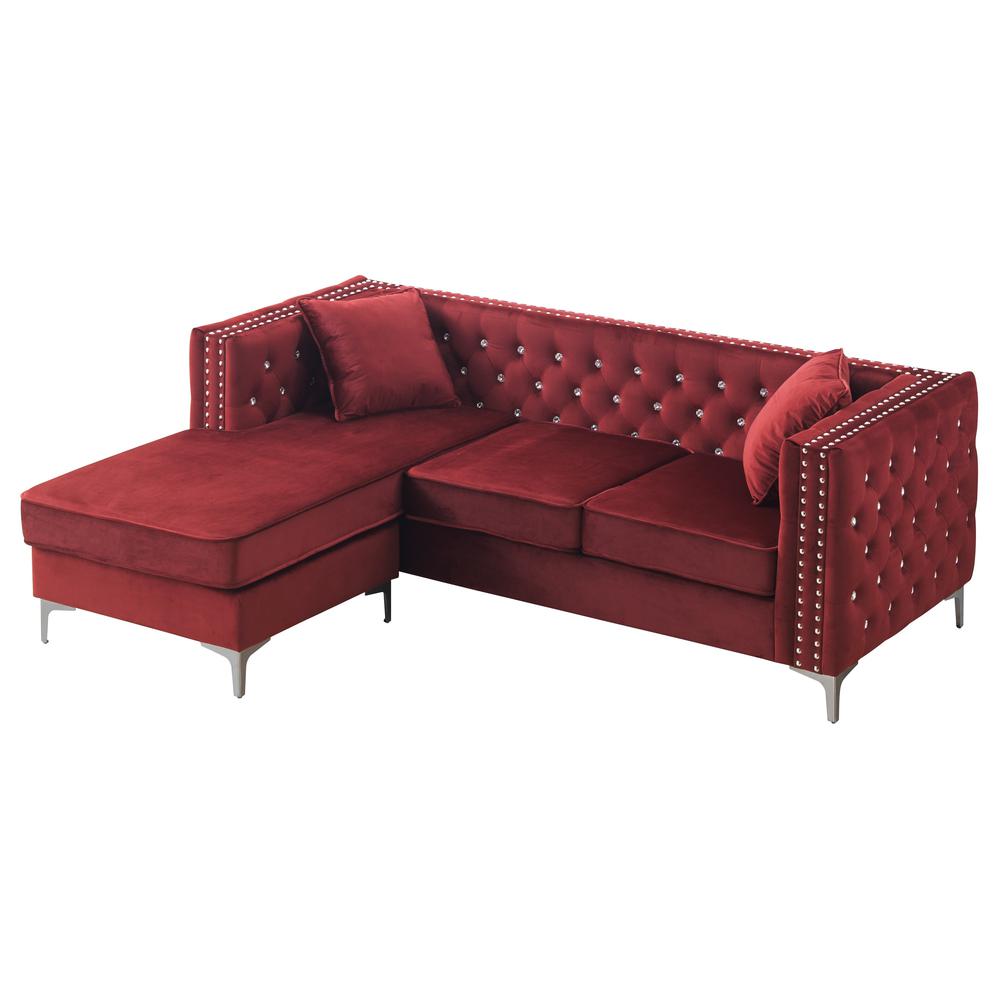 Paige 87 in. Burgundy Velvet L-Shape 3-Seater Sofa with 2-Throw Pillow. Picture 3