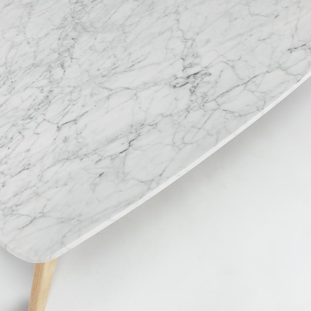 Laura 43" Rectangular Italian Carrara White Marble Coffee Table with Oak Shelf. Picture 6
