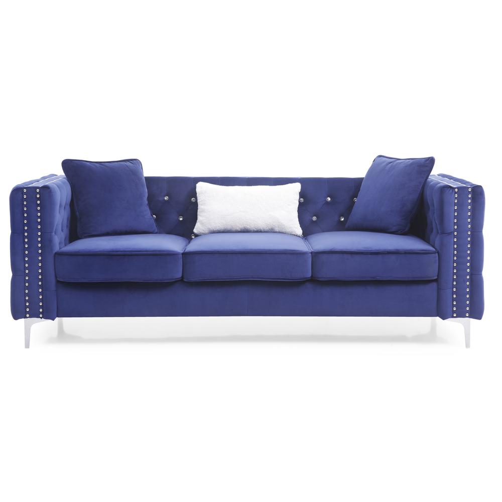 Paige 86 in. Blue Tufted Velvet 3-Seater Sofa with 2-Throw Pillow. Picture 1