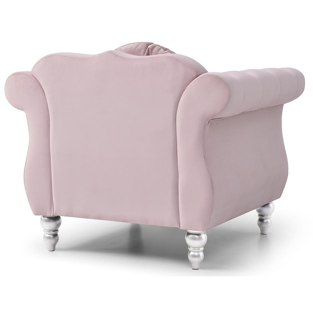 Hollywood Pink Chesterfield Tufted Velvet Accent Chair with Round Throw Pillow. Picture 4