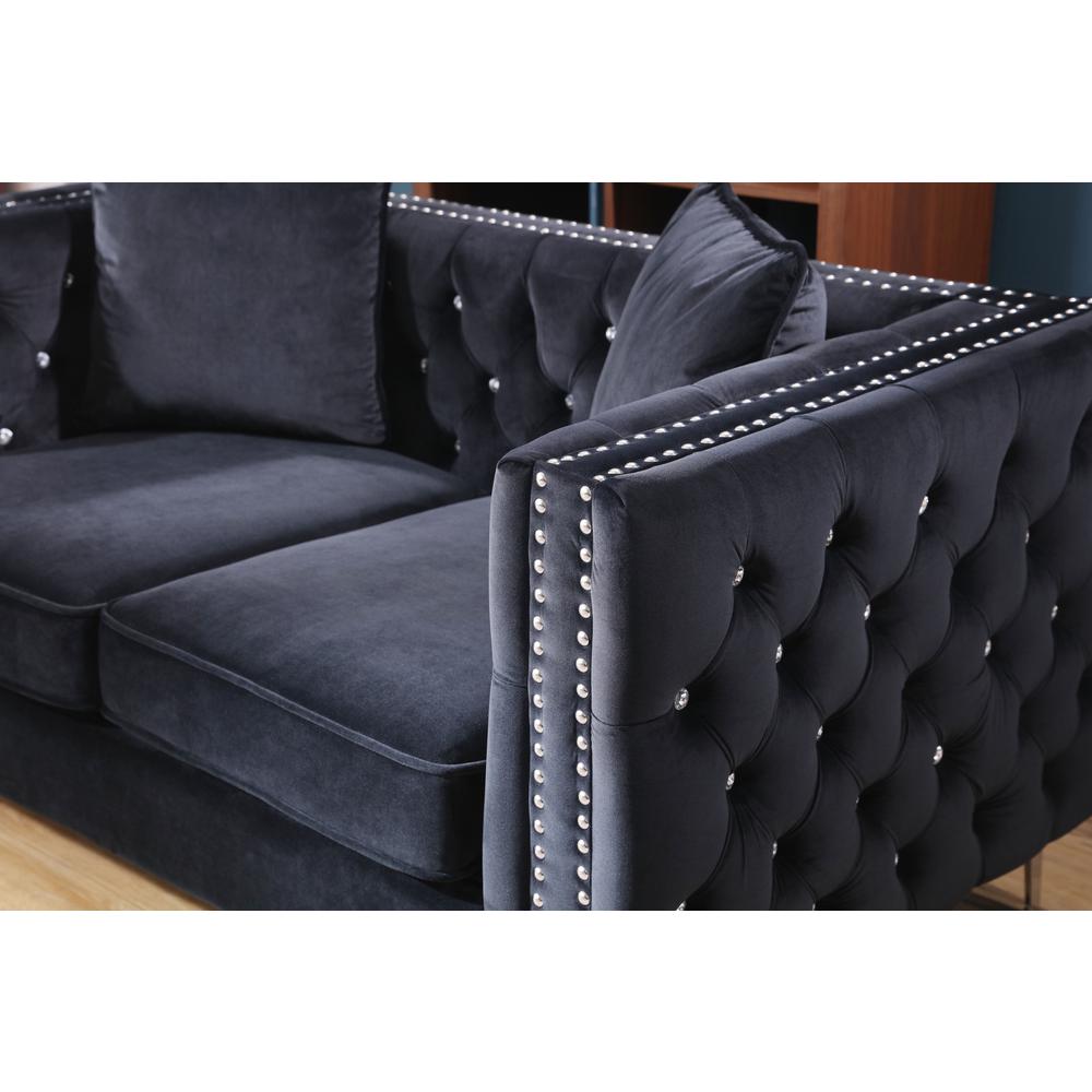 Paige 63 in. Black Tufted Velvet Loveseat With 2-Throw Pillows. Picture 4