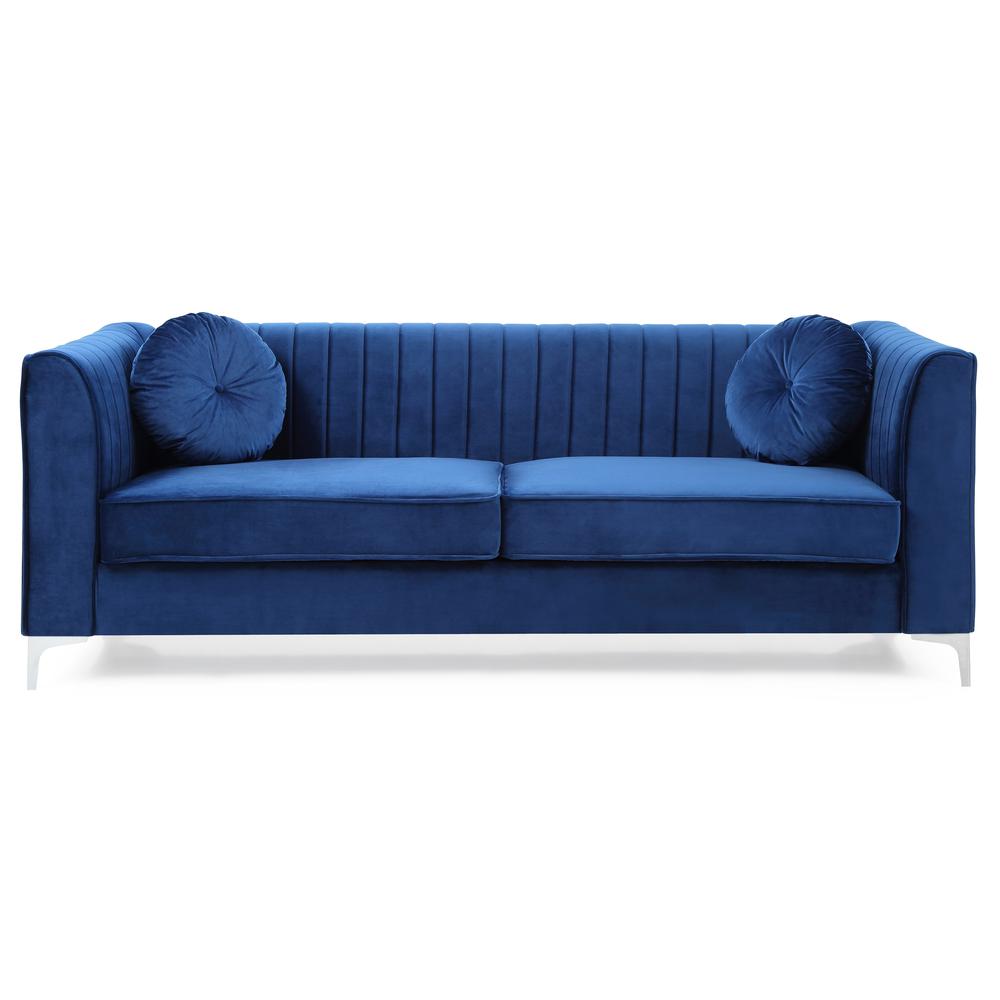 Delray 87 in. Navy Blue Velvet 2-Seater Sofa with 2-Throw Pillow. Picture 2