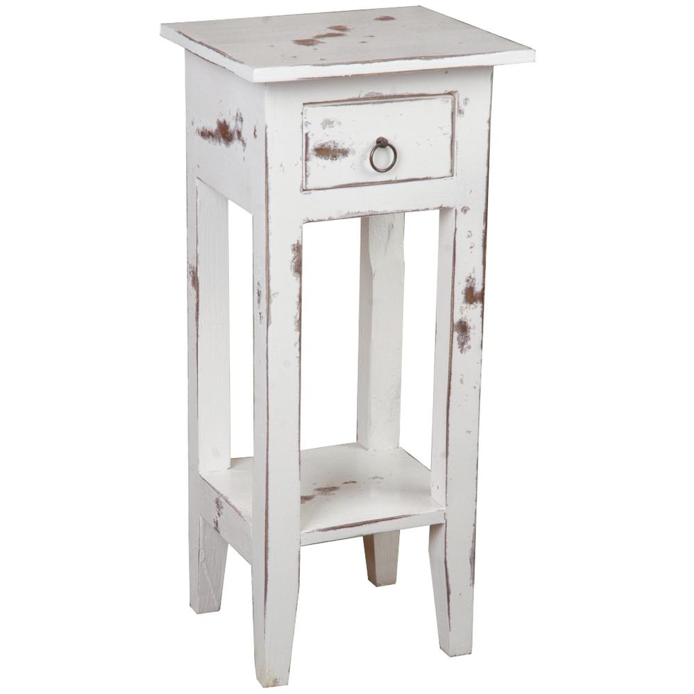 Shabby Chic Cottage 11.8 in. Heavy Distressed Whitewash Square Solid Wood End Table with 1 Drawer. Picture 2