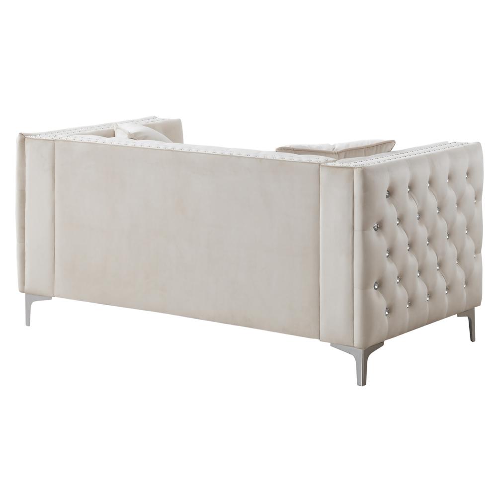 Paige 63 in. Ivory Tufted Velvet Loveseat With 2-Throw Pillows. Picture 3