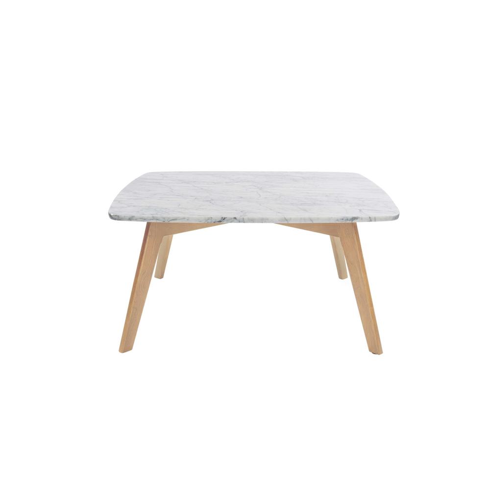Vezzana 31" Square Italian Carrara White Marble Coffee Table with Oak Legs. Picture 1