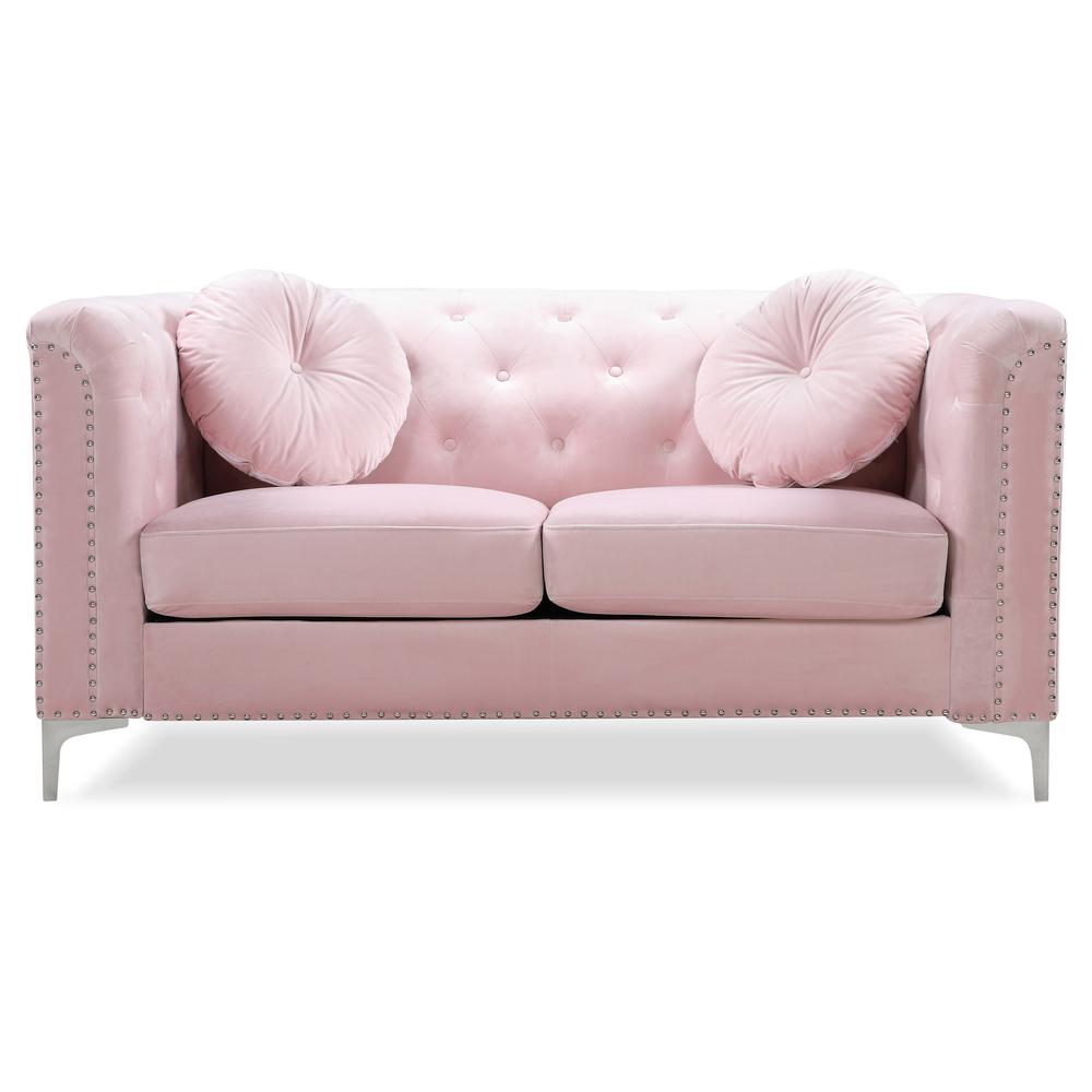 Pompano 62 in. Pink Tufted Velvet Loveseat with 2-Throw Pillow. Picture 1