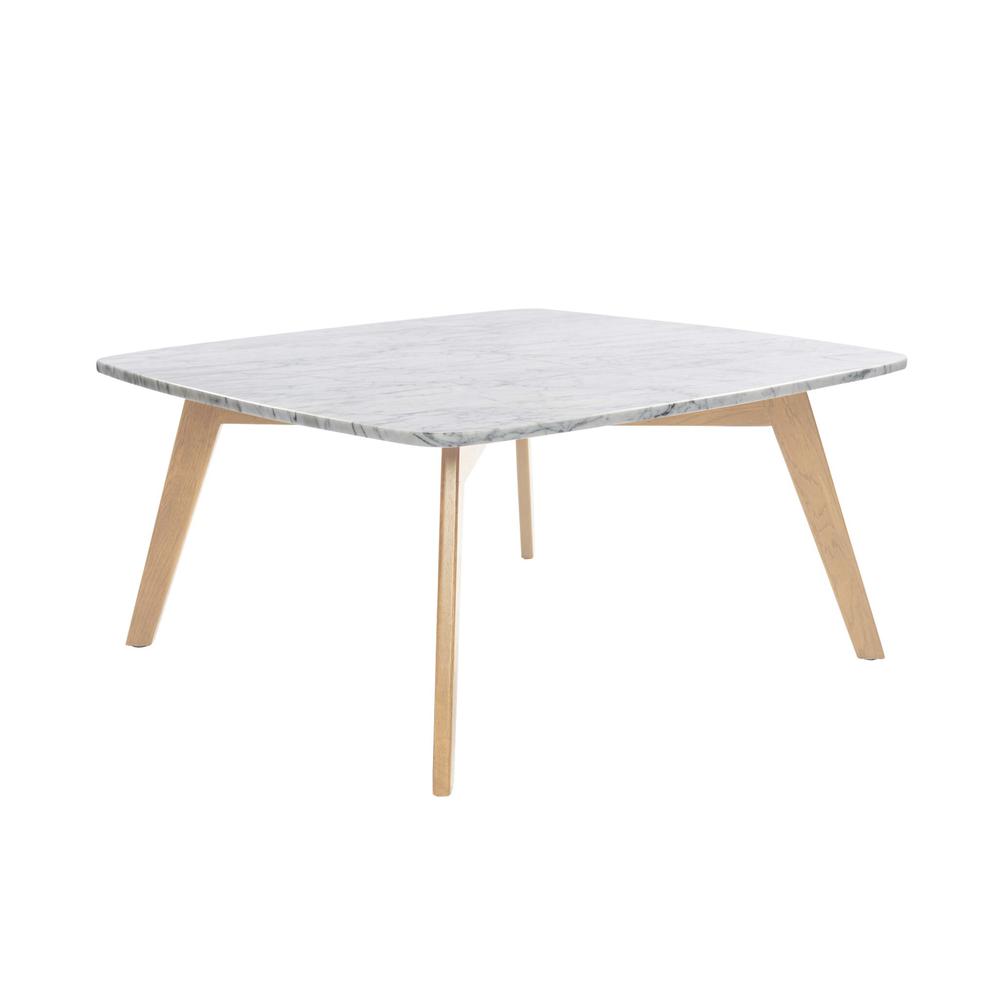 Vezzana 31" Square Italian Carrara White Marble Coffee Table with Oak Legs. Picture 3