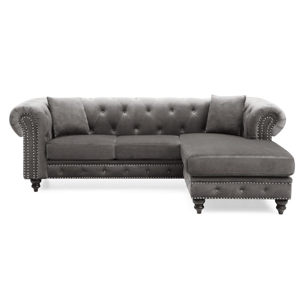 Nola 98 in. Dark Gray Velvet L-Shape 3-Seater Sofa with 2-Throw Pillow. Picture 2