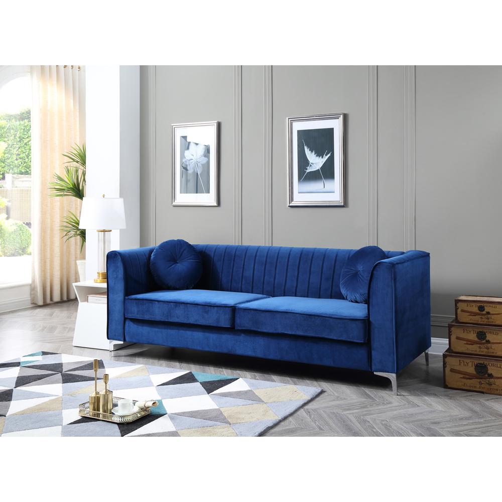 Delray 87 in. Navy Blue Velvet 2-Seater Sofa with 2-Throw Pillow. Picture 6