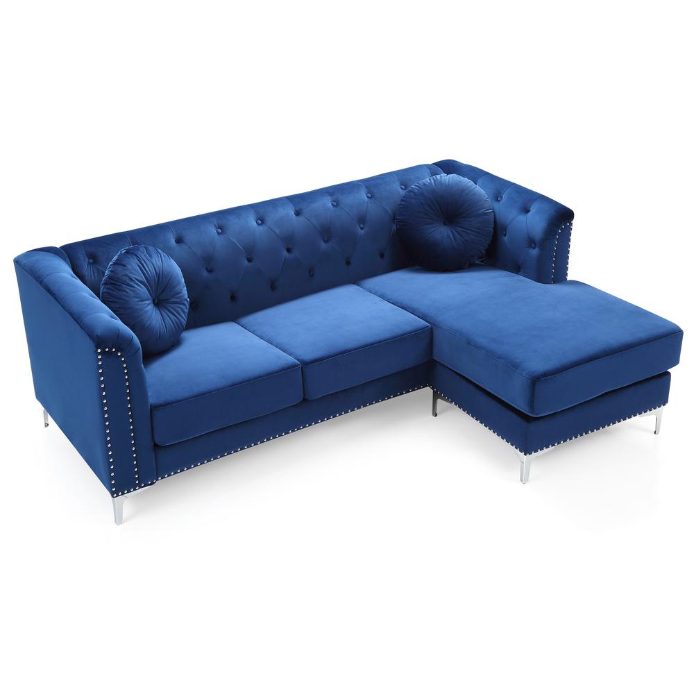 Pompano 83 in. Navy Blue Velvet L-Shape 3-Seater Sofa with 2-Throw Pillow. Picture 3