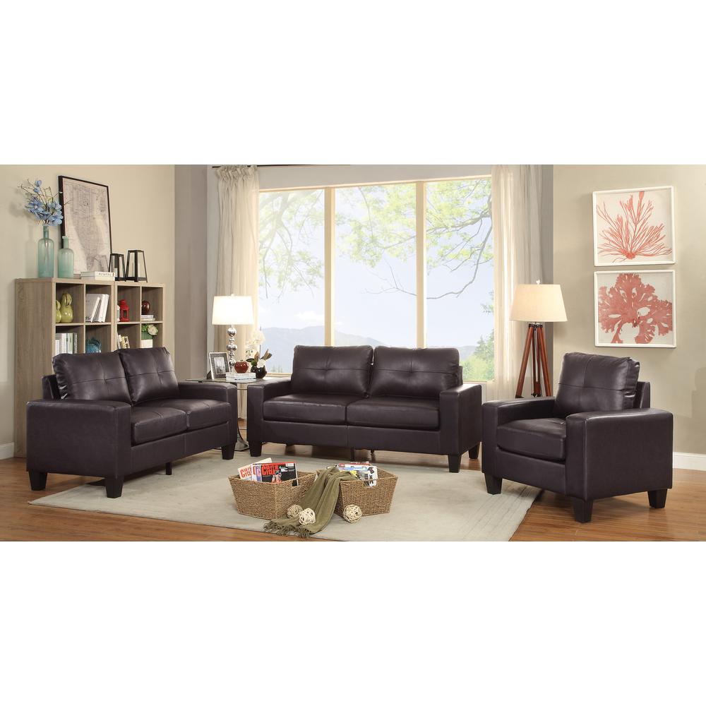 Newbury 71 in. W Flared Arm Faux Leather Straight Sofa in Dark Brown. Picture 5