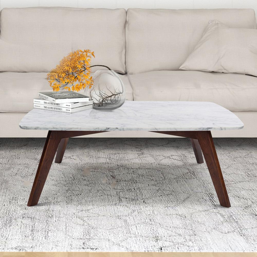 Faura 18" x 43.5" Rectangular Italian Carrara White Marble Coffee Table with Walnut Legs. Picture 9