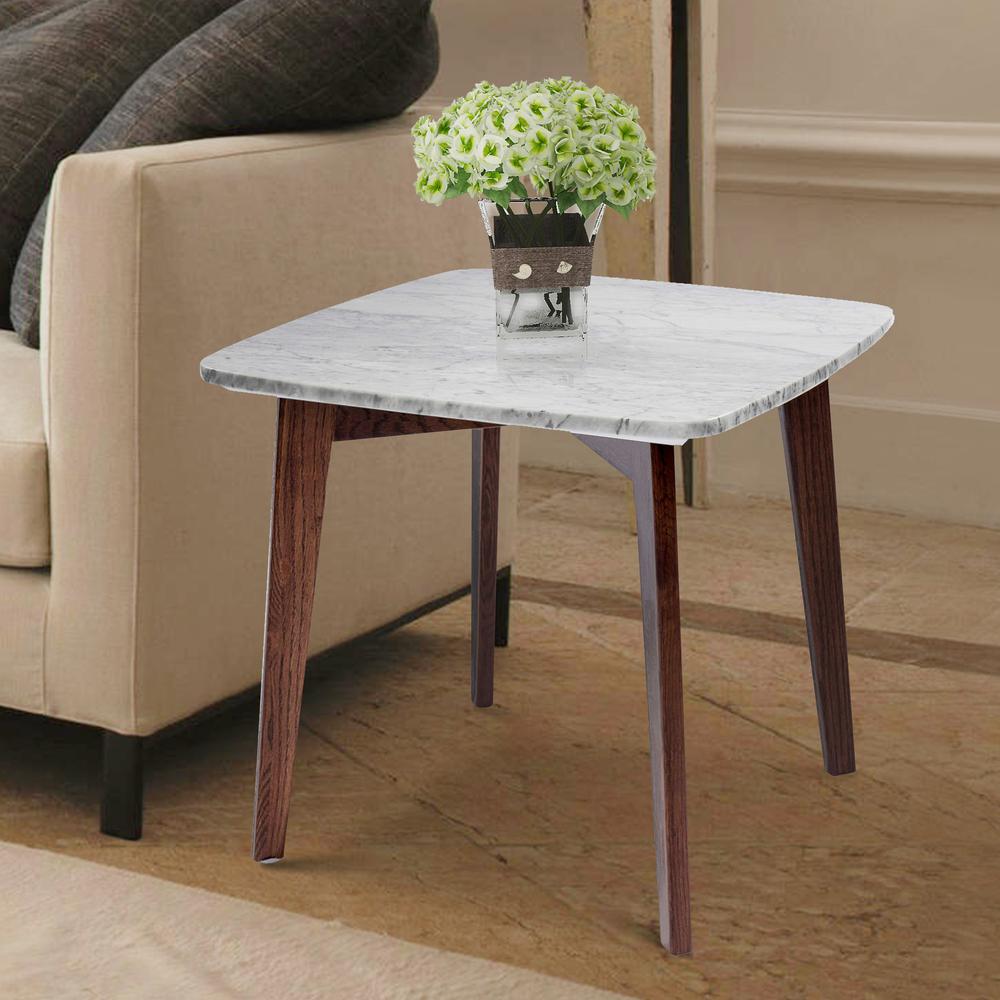 Gavia 19.5" Square Italian Carrara White Marble Side Table with Walnut Legs. Picture 9