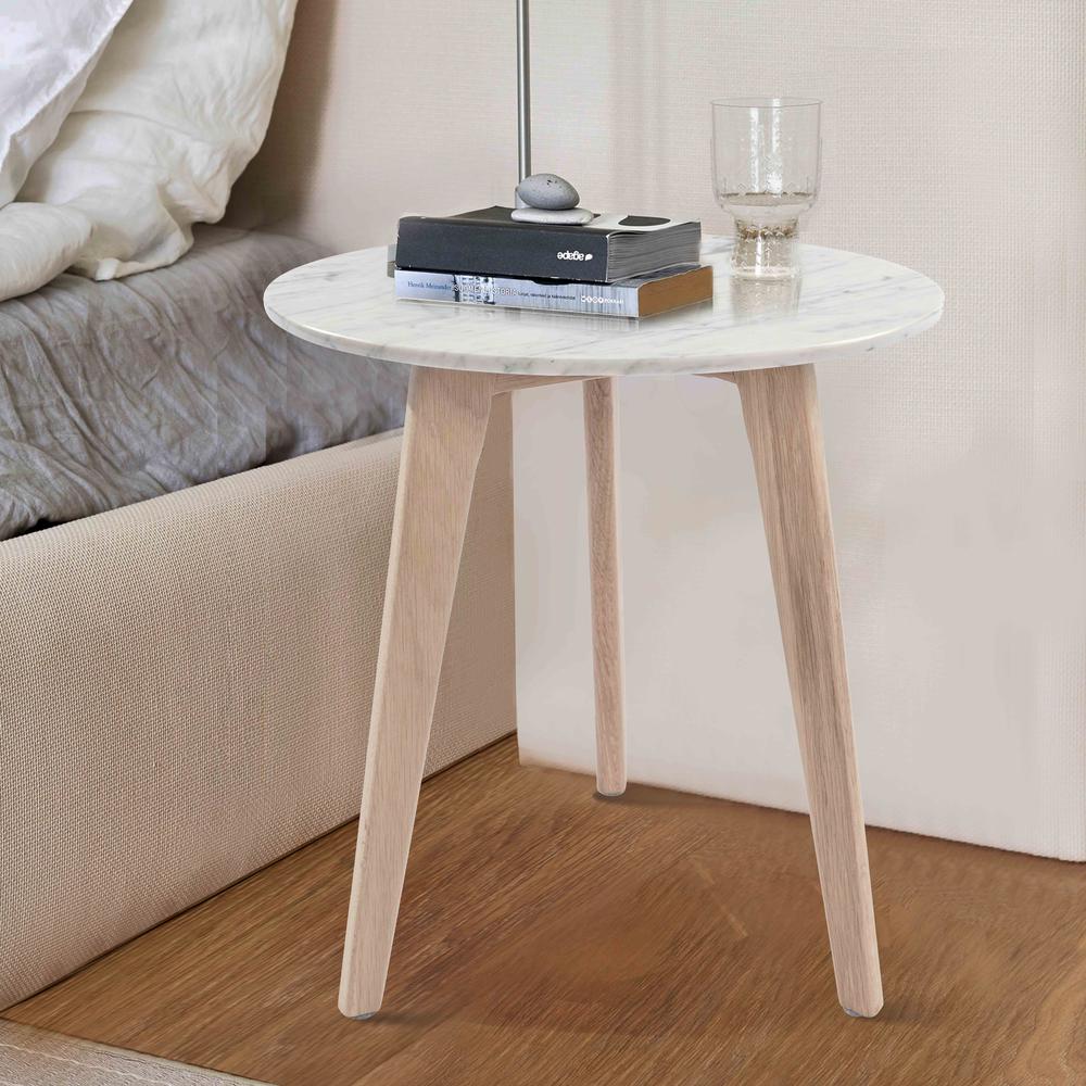 Cherie 15" Round Italian Carrara White Marble Side Table with Oak Legs. Picture 9