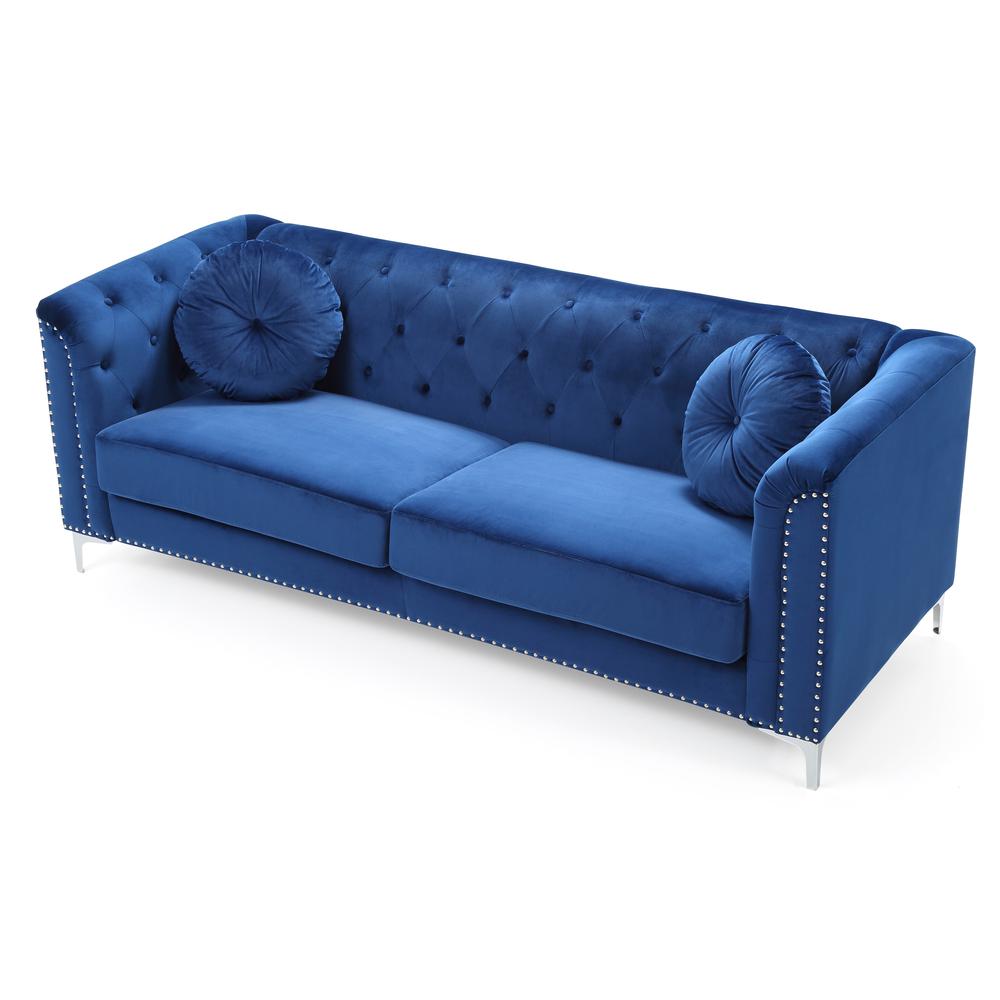 Pompano 83 in. Navy Blue Tufted Velvet Loveseat with 2-Throw Pillow. Picture 2