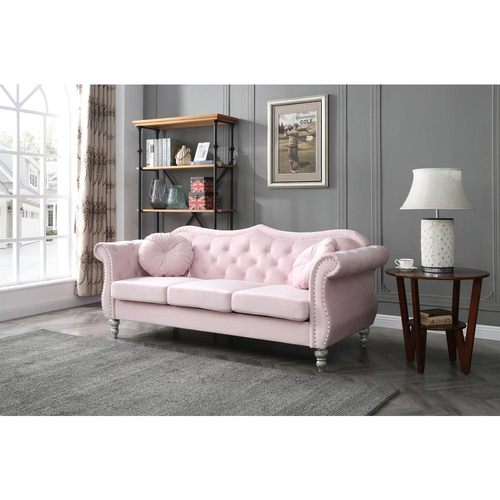 Hollywood 82 in. Pink Velvet Chesterfield 3-Seater Sofa with 2-Throw Pillow. Picture 5
