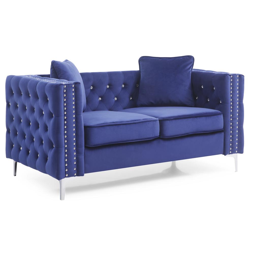 Paige 63 in. Blue Tufted Velvet Loveseat With 2-Throw Pillows. Picture 2