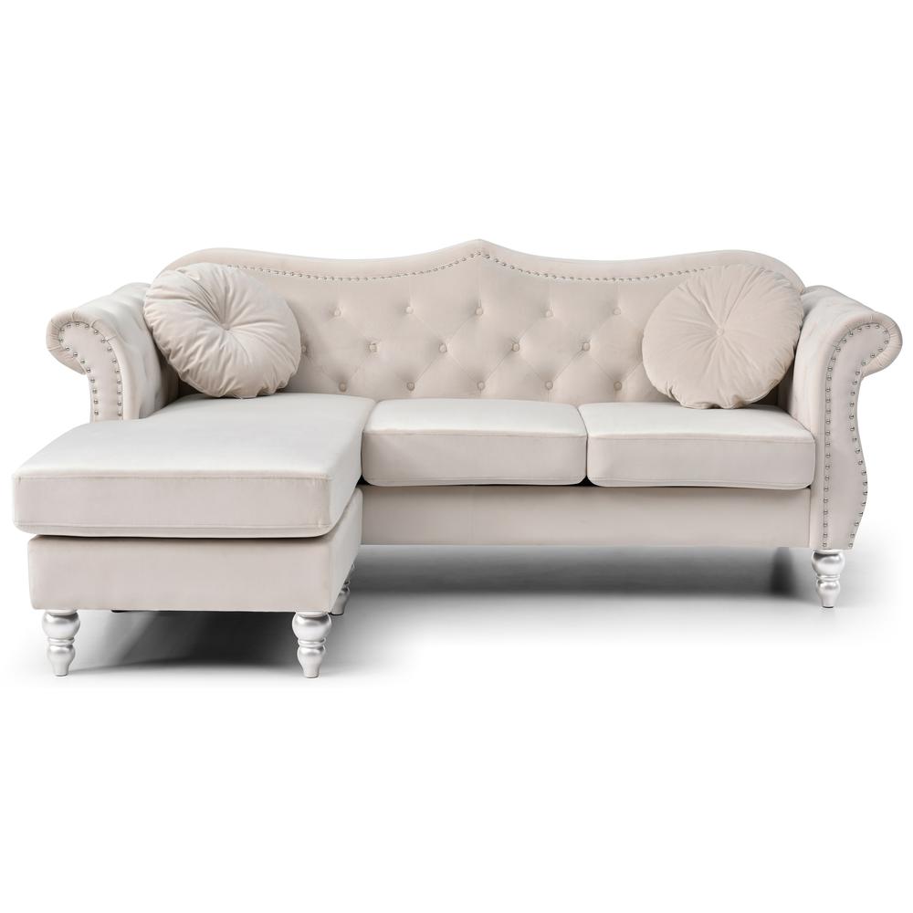 Hollywood 81 in. Ivory Velvet Chesterfield Sectional Sofa with 2-Throw Pillow. Picture 2