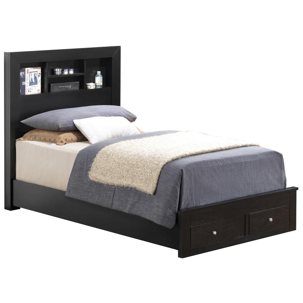 Burlington Black Twin Storage Platform Bed with Storage Drawers and Shelving Headboard. Picture 1