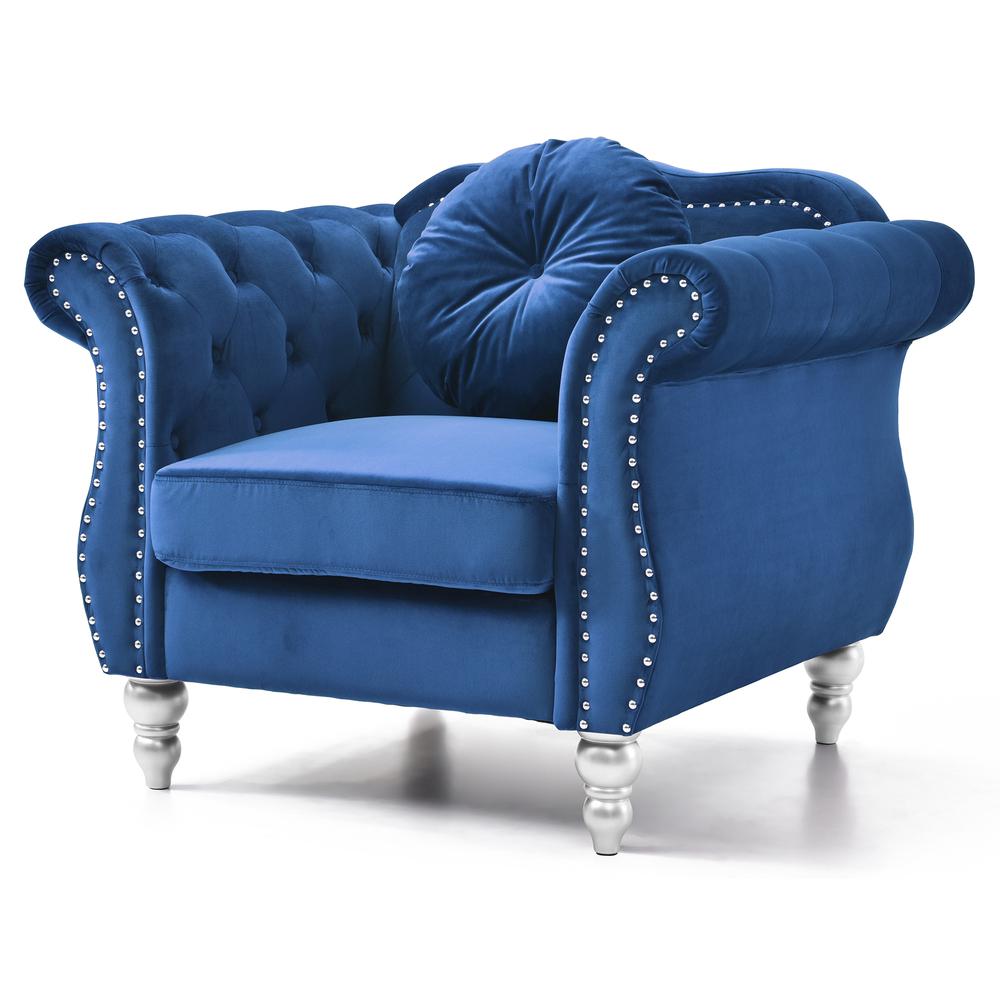Hollywood Navy Blue Chesterfield Tufted Velvet Accent Chair with Round Throw Pillow. Picture 2