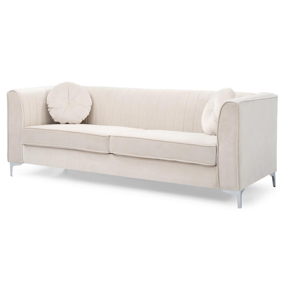 Delray 87 in. Ivory Velvet 2-Seater Sofa with 2-Throw Pillow. Picture 1