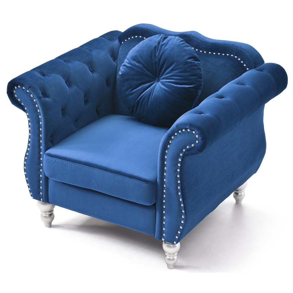 Hollywood Navy Blue Chesterfield Tufted Velvet Accent Chair with Round Throw Pillow. Picture 3