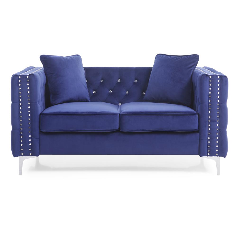 Paige 63 in. Blue Tufted Velvet Loveseat With 2-Throw Pillows. Picture 1