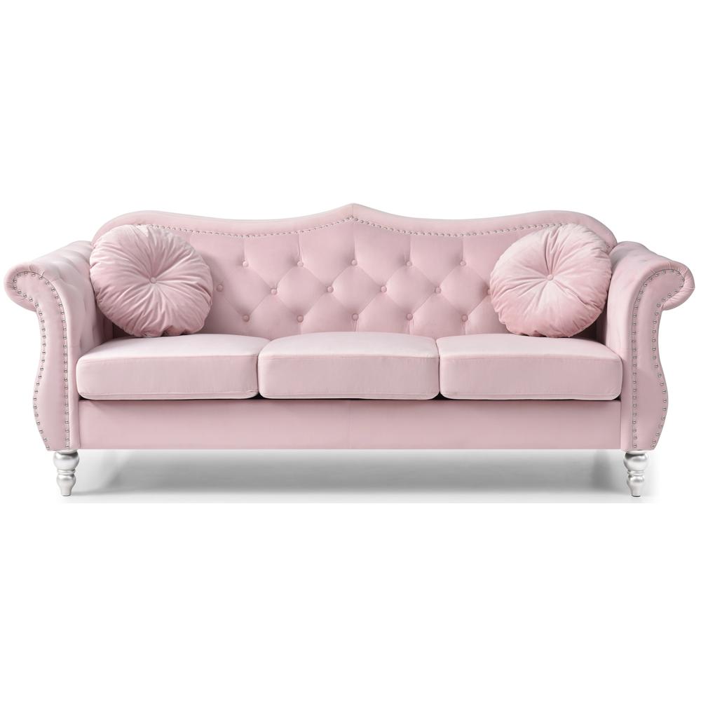 Hollywood 82 in. Pink Velvet Chesterfield 3-Seater Sofa with 2-Throw Pillow. Picture 2