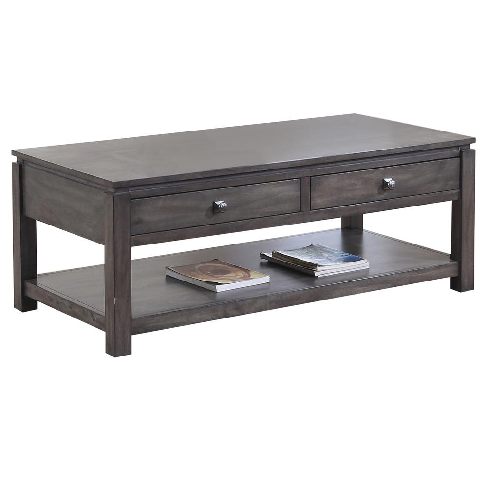 Shades of Gray 50 in. Weathered Grey Rectangular Solid Wood Coffee Table with 2 Drawers. Picture 1